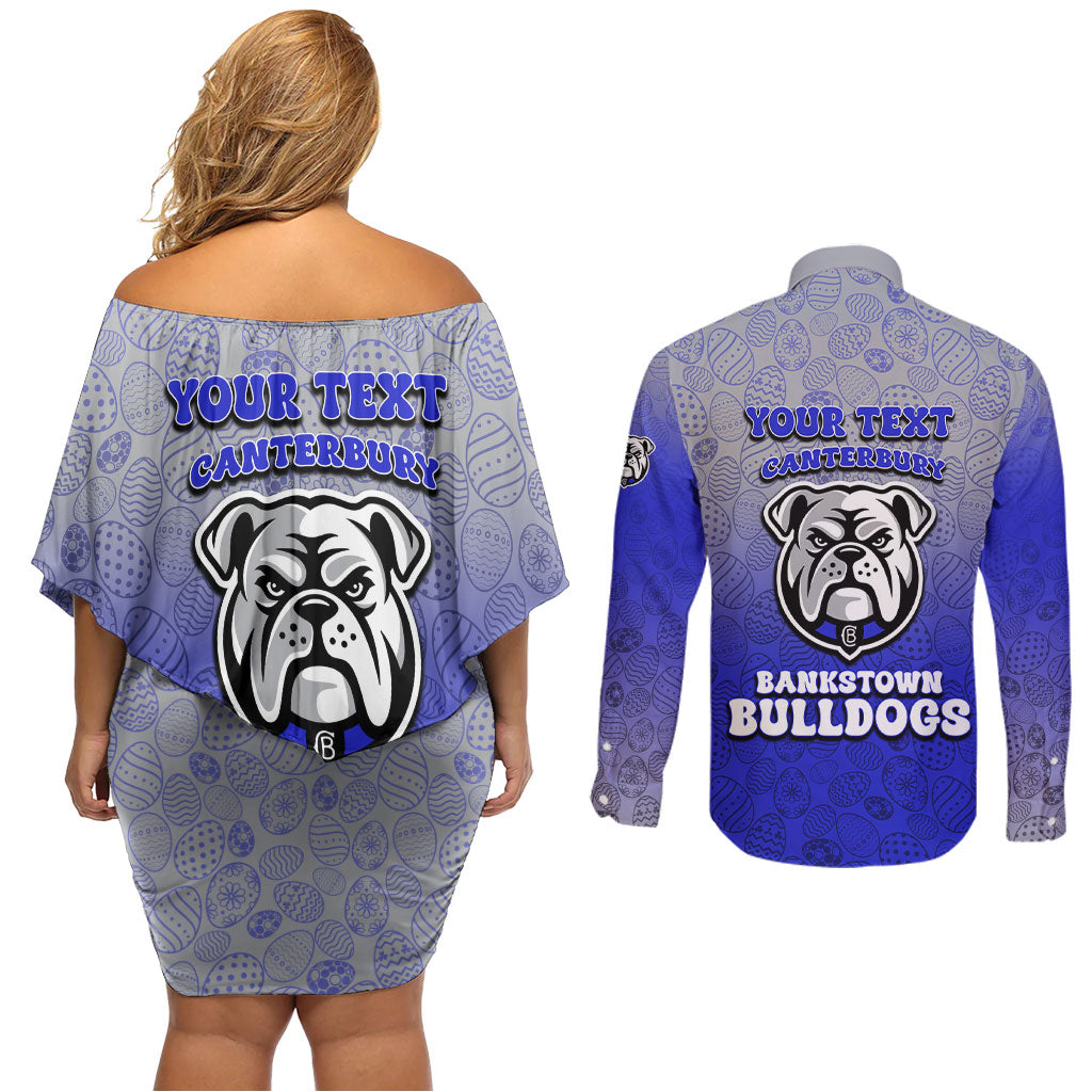 Personalized Canterbury-Bankstown Bulldogs Couples Matching Off Shoulder Short Dress and Long Sleeve Button Shirt Easter Mascot - Colorful Eggs Cartoon Style
