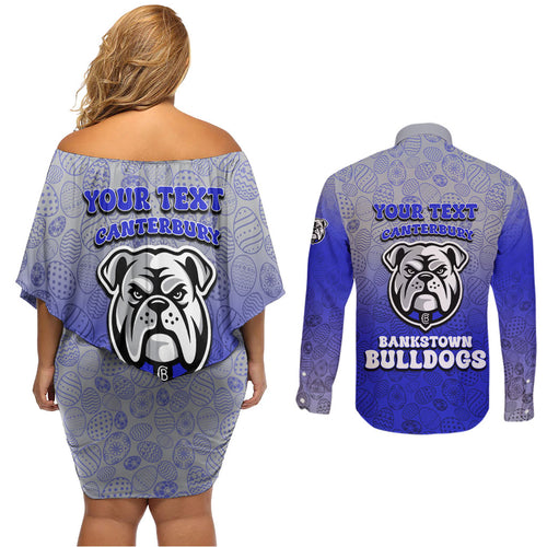 Personalized Canterbury-Bankstown Bulldogs Couples Matching Off Shoulder Short Dress and Long Sleeve Button Shirt Easter Mascot - Colorful Eggs Cartoon Style