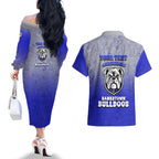 Personalized Canterbury-Bankstown Bulldogs Couples Matching Off The Shoulder Long Sleeve Dress and Hawaiian Shirt Easter Mascot - Colorful Eggs Cartoon Style