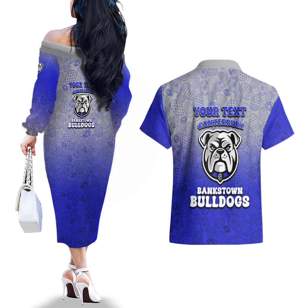 Personalized Canterbury-Bankstown Bulldogs Couples Matching Off The Shoulder Long Sleeve Dress and Hawaiian Shirt Easter Mascot - Colorful Eggs Cartoon Style