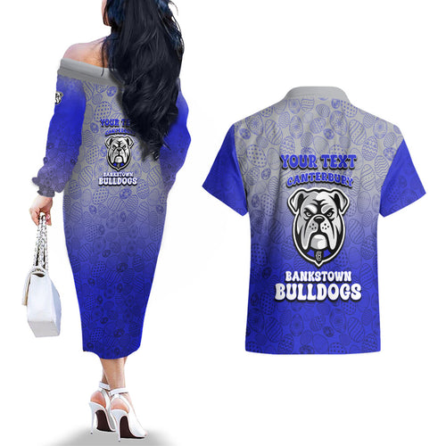 Personalized Canterbury-Bankstown Bulldogs Couples Matching Off The Shoulder Long Sleeve Dress and Hawaiian Shirt Easter Mascot - Colorful Eggs Cartoon Style