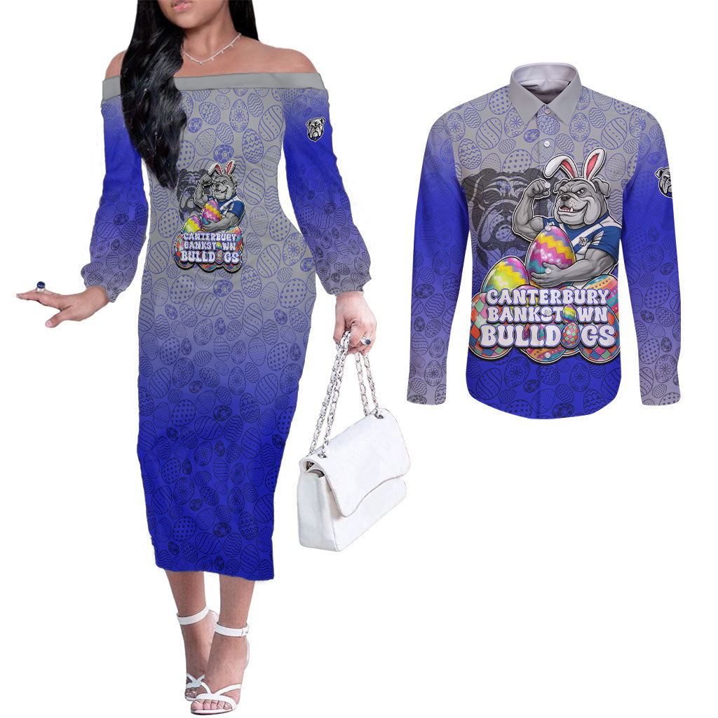 Personalized Canterbury-Bankstown Bulldogs Couples Matching Off The Shoulder Long Sleeve Dress and Long Sleeve Button Shirt Easter Mascot - Colorful Eggs Cartoon Style