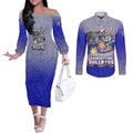 Personalized Canterbury-Bankstown Bulldogs Couples Matching Off The Shoulder Long Sleeve Dress and Long Sleeve Button Shirt Easter Mascot - Colorful Eggs Cartoon Style