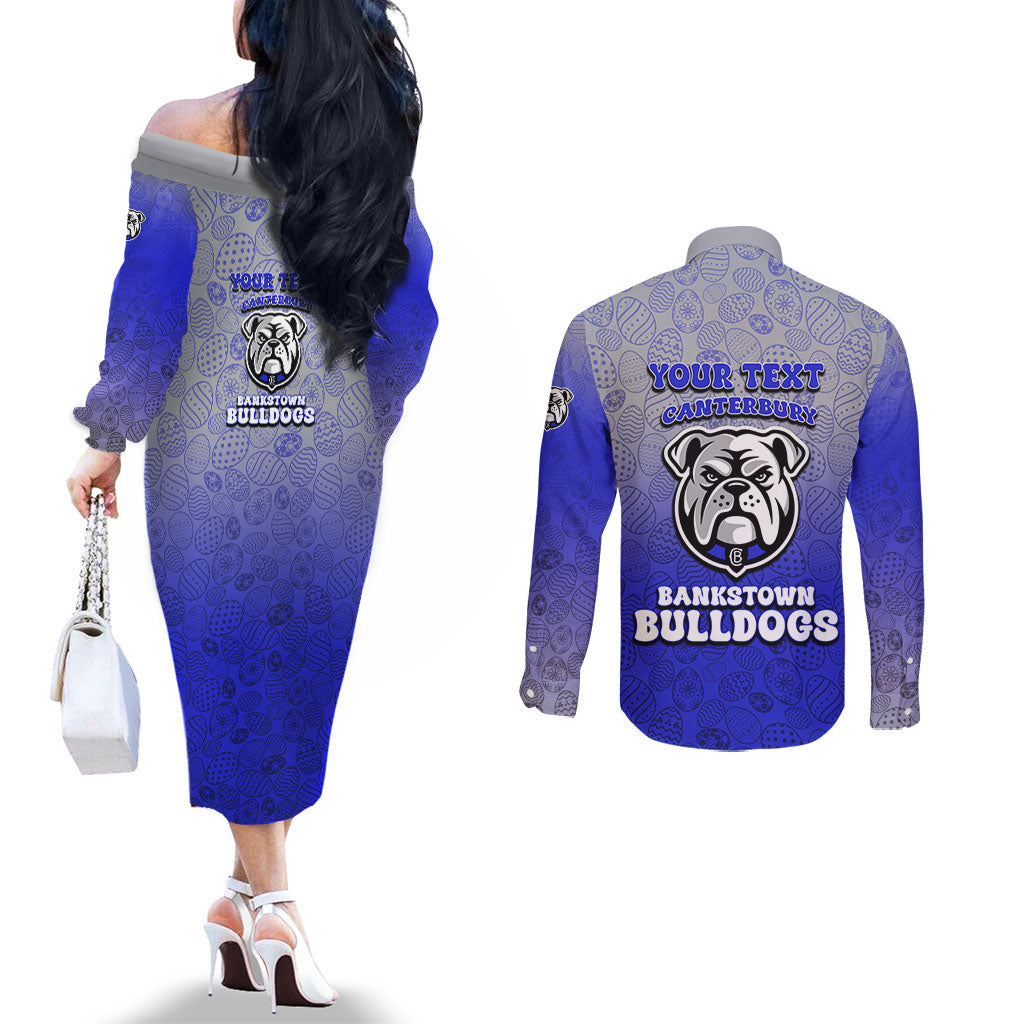 Personalized Canterbury-Bankstown Bulldogs Couples Matching Off The Shoulder Long Sleeve Dress and Long Sleeve Button Shirt Easter Mascot - Colorful Eggs Cartoon Style