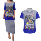 Personalized Canterbury-Bankstown Bulldogs Couples Matching Puletasi and Hawaiian Shirt Easter Mascot - Colorful Eggs Cartoon Style