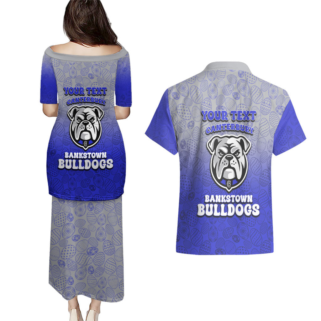 Personalized Canterbury-Bankstown Bulldogs Couples Matching Puletasi and Hawaiian Shirt Easter Mascot - Colorful Eggs Cartoon Style