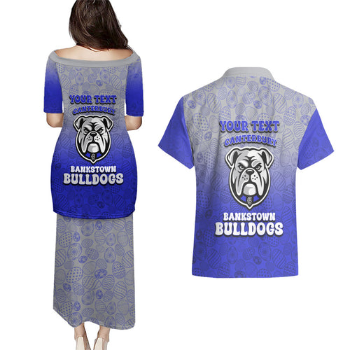 Personalized Canterbury-Bankstown Bulldogs Couples Matching Puletasi and Hawaiian Shirt Easter Mascot - Colorful Eggs Cartoon Style