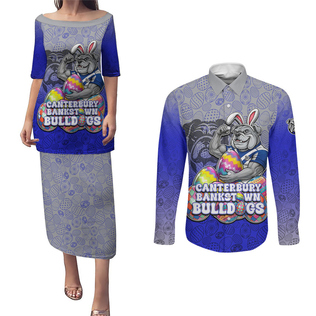 Personalized Canterbury-Bankstown Bulldogs Couples Matching Puletasi and Long Sleeve Button Shirt Easter Mascot - Colorful Eggs Cartoon Style