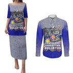 Personalized Canterbury-Bankstown Bulldogs Couples Matching Puletasi and Long Sleeve Button Shirt Easter Mascot - Colorful Eggs Cartoon Style