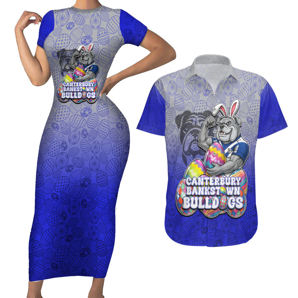 Personalized Canterbury-Bankstown Bulldogs Couples Matching Short Sleeve Bodycon Dress and Hawaiian Shirt Easter Mascot - Colorful Eggs Cartoon Style