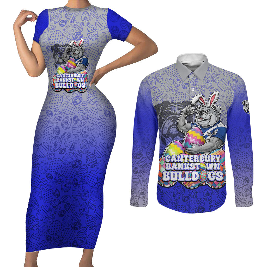 Personalized Canterbury-Bankstown Bulldogs Couples Matching Short Sleeve Bodycon Dress and Long Sleeve Button Shirt Easter Mascot - Colorful Eggs Cartoon Style