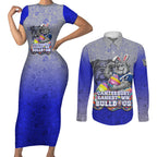 Personalized Canterbury-Bankstown Bulldogs Couples Matching Short Sleeve Bodycon Dress and Long Sleeve Button Shirt Easter Mascot - Colorful Eggs Cartoon Style
