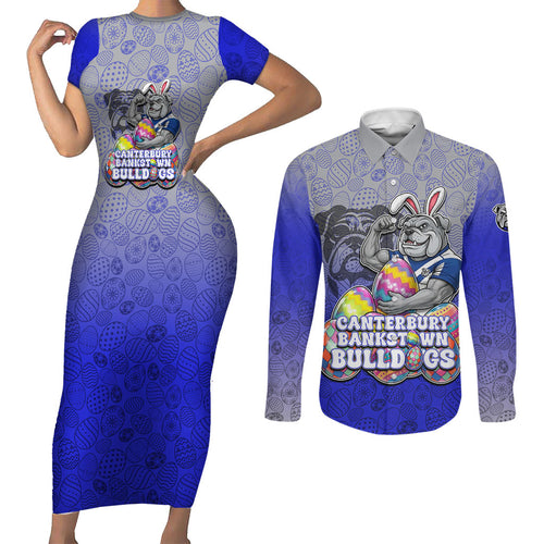 Personalized Canterbury-Bankstown Bulldogs Couples Matching Short Sleeve Bodycon Dress and Long Sleeve Button Shirt Easter Mascot - Colorful Eggs Cartoon Style