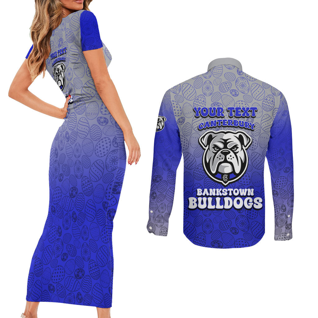 Personalized Canterbury-Bankstown Bulldogs Couples Matching Short Sleeve Bodycon Dress and Long Sleeve Button Shirt Easter Mascot - Colorful Eggs Cartoon Style