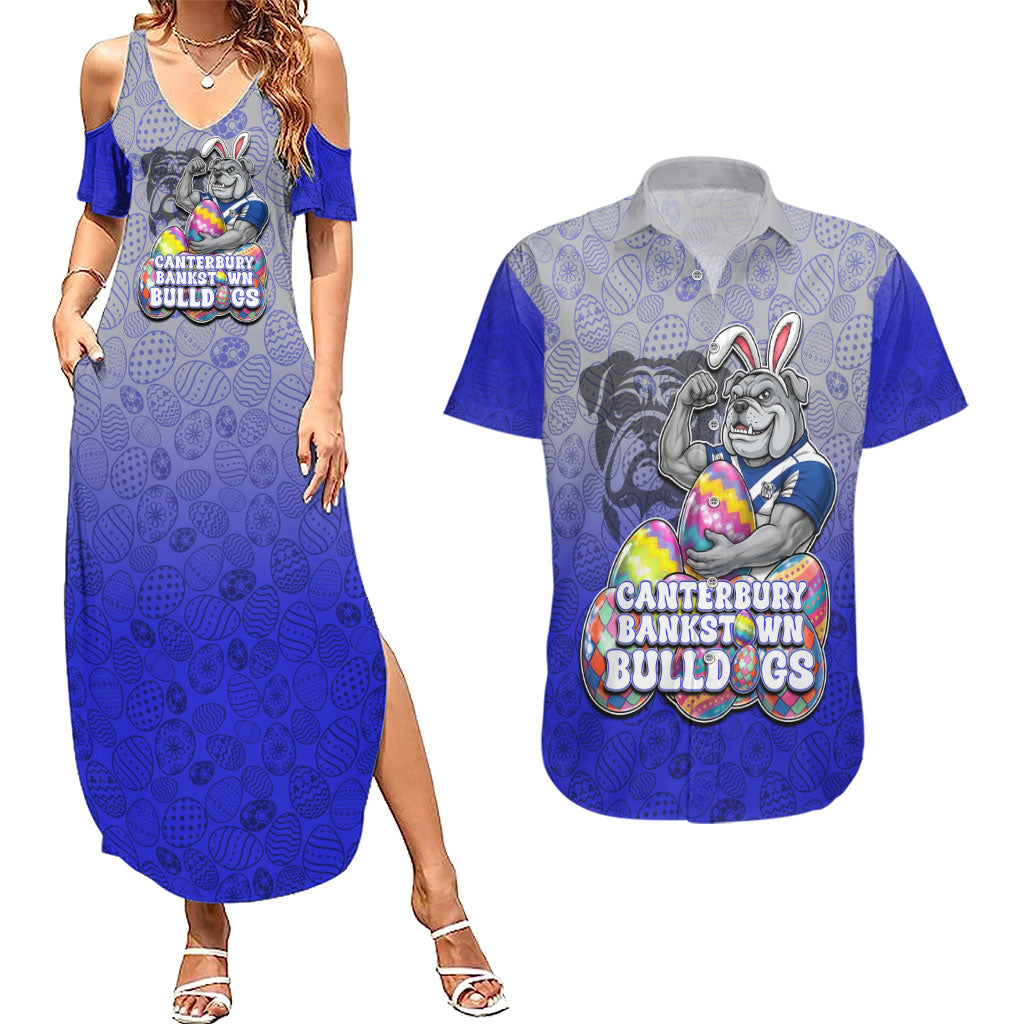 Personalized Canterbury-Bankstown Bulldogs Couples Matching Summer Maxi Dress and Hawaiian Shirt Easter Mascot - Colorful Eggs Cartoon Style