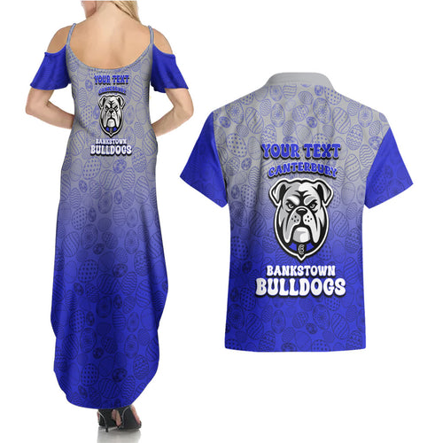 Personalized Canterbury-Bankstown Bulldogs Couples Matching Summer Maxi Dress and Hawaiian Shirt Easter Mascot - Colorful Eggs Cartoon Style
