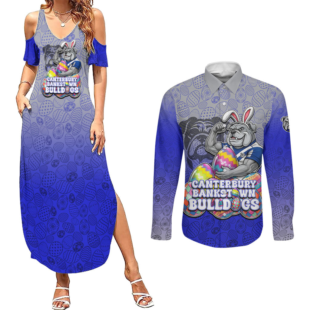 Personalized Canterbury-Bankstown Bulldogs Couples Matching Summer Maxi Dress and Long Sleeve Button Shirt Easter Mascot - Colorful Eggs Cartoon Style