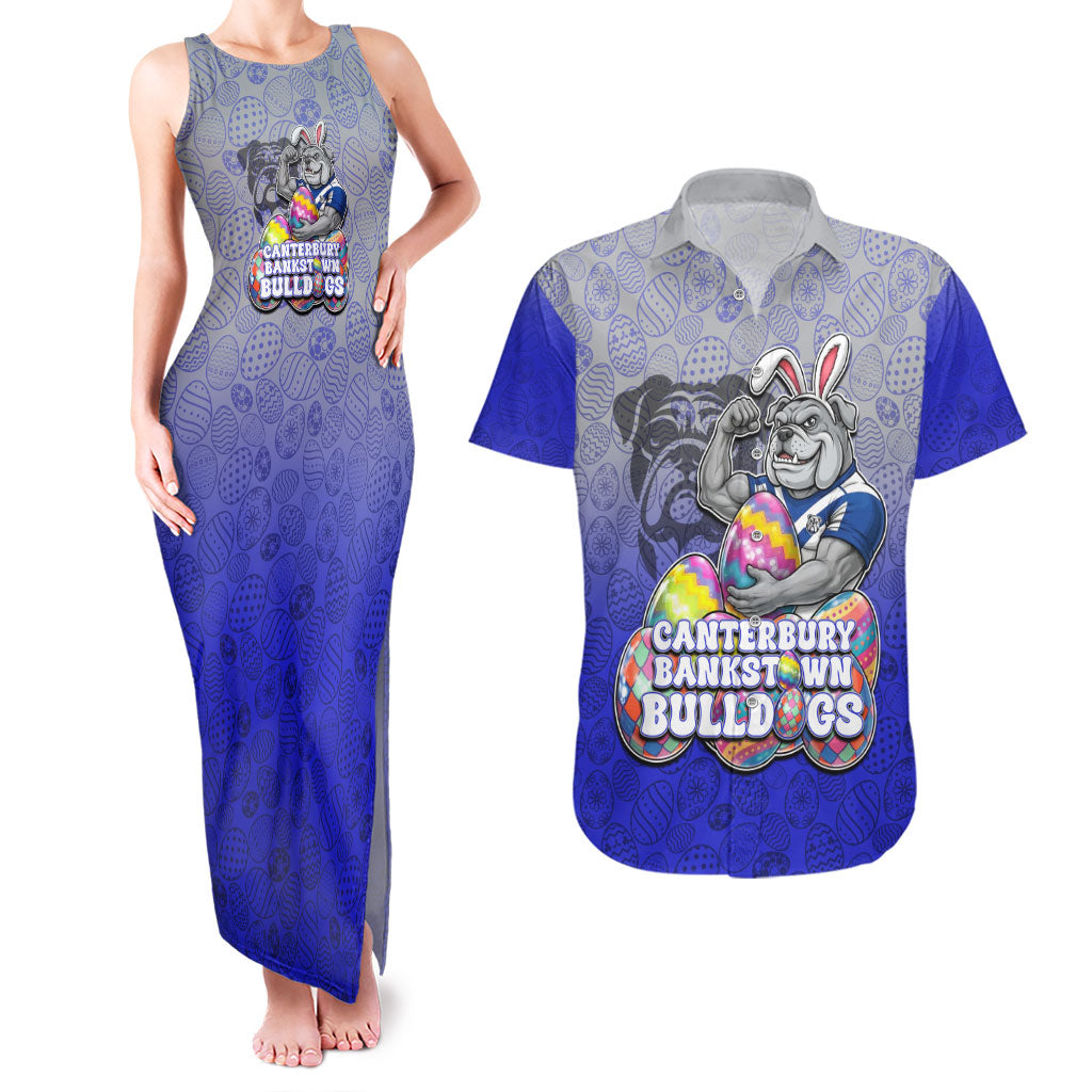 Personalized Canterbury-Bankstown Bulldogs Couples Matching Tank Maxi Dress and Hawaiian Shirt Easter Mascot - Colorful Eggs Cartoon Style
