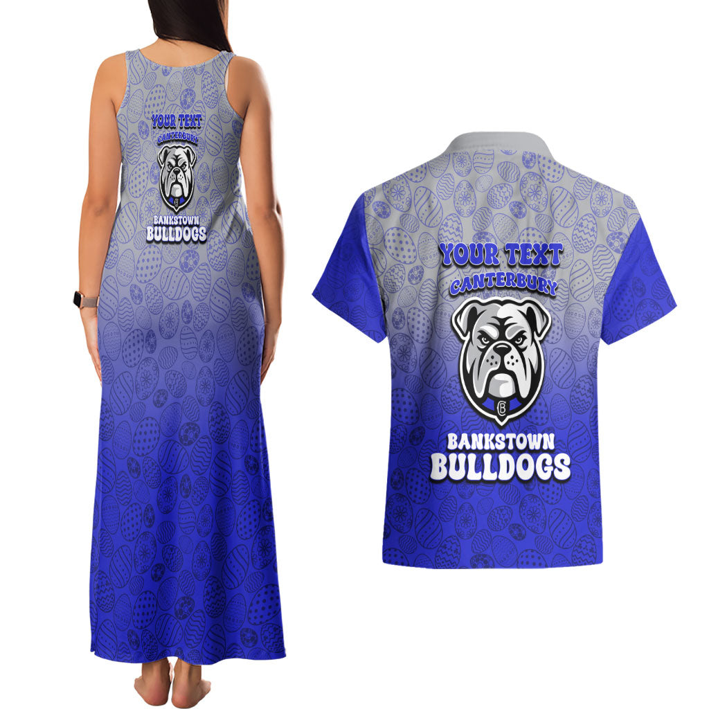 Personalized Canterbury-Bankstown Bulldogs Couples Matching Tank Maxi Dress and Hawaiian Shirt Easter Mascot - Colorful Eggs Cartoon Style