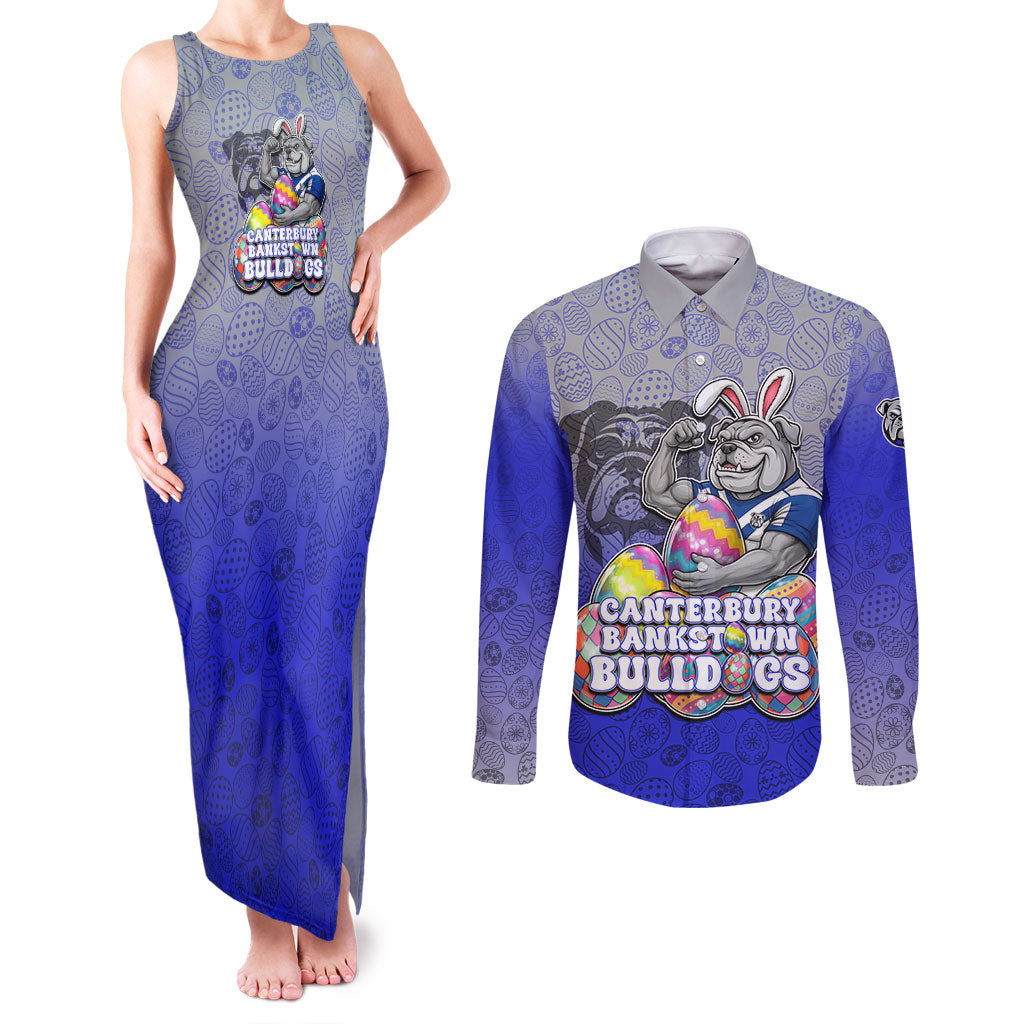 Personalized Canterbury-Bankstown Bulldogs Couples Matching Tank Maxi Dress and Long Sleeve Button Shirt Easter Mascot - Colorful Eggs Cartoon Style