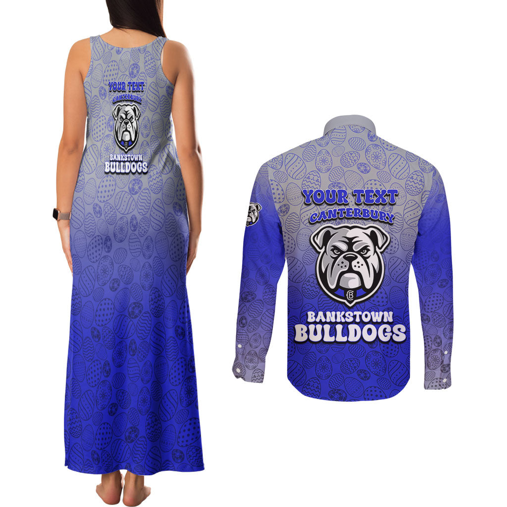 Personalized Canterbury-Bankstown Bulldogs Couples Matching Tank Maxi Dress and Long Sleeve Button Shirt Easter Mascot - Colorful Eggs Cartoon Style