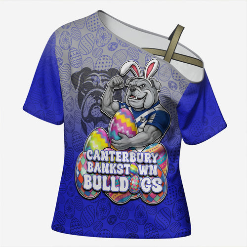 Personalized Canterbury-Bankstown Bulldogs Cross Shoulder Shirt Easter Mascot - Colorful Eggs Cartoon Style
