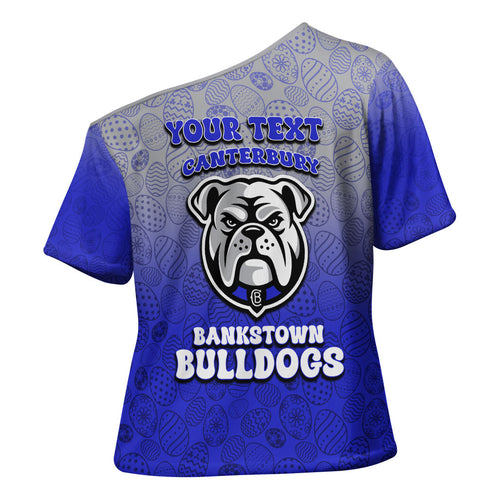 Personalized Canterbury-Bankstown Bulldogs Cross Shoulder Shirt Easter Mascot - Colorful Eggs Cartoon Style