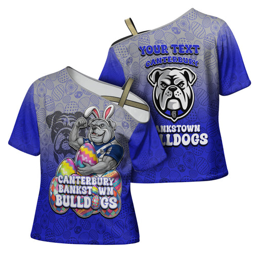 Personalized Canterbury-Bankstown Bulldogs Cross Shoulder Shirt Easter Mascot - Colorful Eggs Cartoon Style