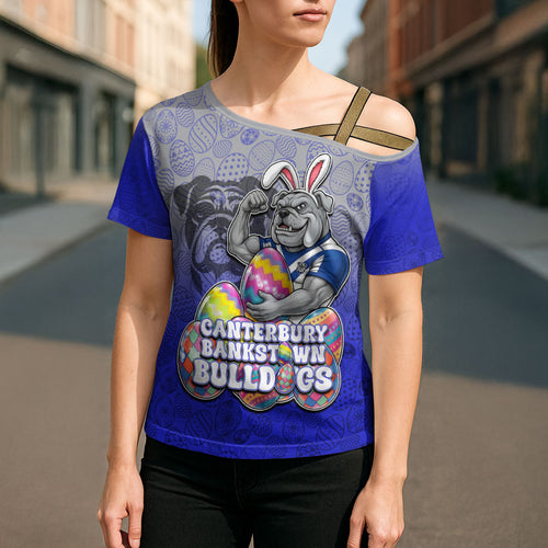 Personalized Canterbury-Bankstown Bulldogs Cross Shoulder Shirt Easter Mascot - Colorful Eggs Cartoon Style