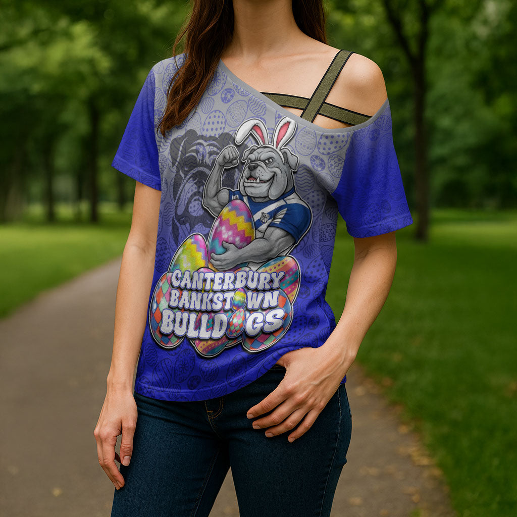 Personalized Canterbury-Bankstown Bulldogs Cross Shoulder Shirt Easter Mascot - Colorful Eggs Cartoon Style