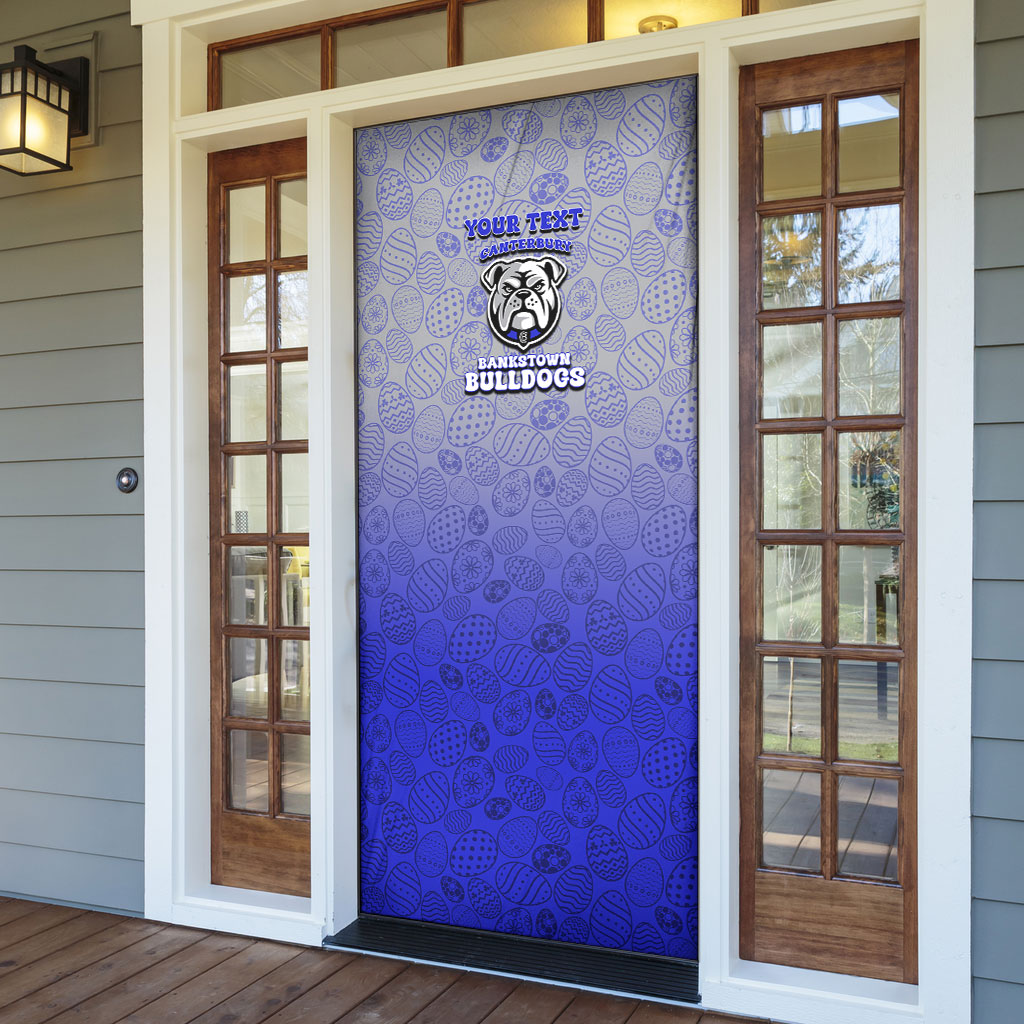 Personalized Canterbury-Bankstown Bulldogs Door Cover Easter Mascot - Colorful Eggs Cartoon Style