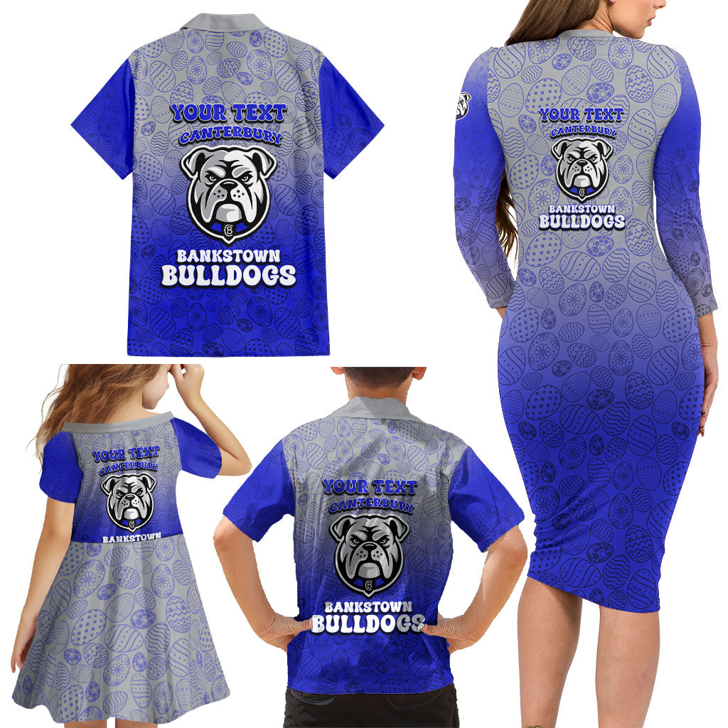 Personalized Canterbury-Bankstown Bulldogs Family Matching Long Sleeve Bodycon Dress and Hawaiian Shirt Easter Mascot - Colorful Eggs Cartoon Style