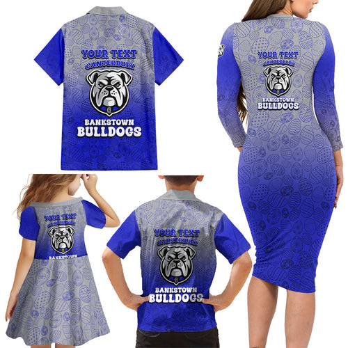 Personalized Canterbury-Bankstown Bulldogs Family Matching Long Sleeve Bodycon Dress and Hawaiian Shirt Easter Mascot - Colorful Eggs Cartoon Style