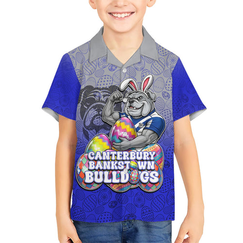 Personalized Canterbury-Bankstown Bulldogs Family Matching Long Sleeve Bodycon Dress and Hawaiian Shirt Easter Mascot - Colorful Eggs Cartoon Style