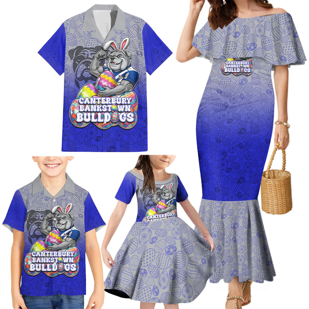 Personalized Canterbury-Bankstown Bulldogs Family Matching Mermaid Dress and Hawaiian Shirt Easter Mascot - Colorful Eggs Cartoon Style