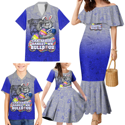 Personalized Canterbury-Bankstown Bulldogs Family Matching Mermaid Dress and Hawaiian Shirt Easter Mascot - Colorful Eggs Cartoon Style