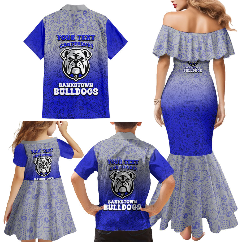 Personalized Canterbury-Bankstown Bulldogs Family Matching Mermaid Dress and Hawaiian Shirt Easter Mascot - Colorful Eggs Cartoon Style