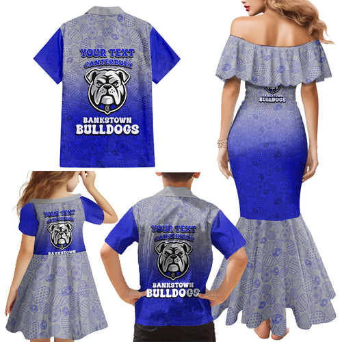 Personalized Canterbury-Bankstown Bulldogs Family Matching Mermaid Dress and Hawaiian Shirt Easter Mascot - Colorful Eggs Cartoon Style