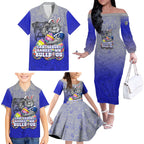 Personalized Canterbury-Bankstown Bulldogs Family Matching Off The Shoulder Long Sleeve Dress and Hawaiian Shirt Easter Mascot - Colorful Eggs Cartoon Style
