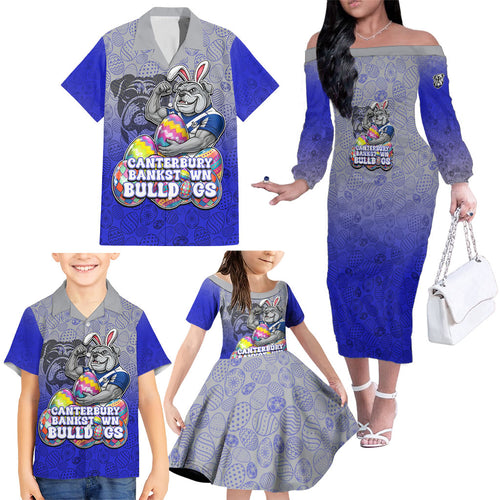 Personalized Canterbury-Bankstown Bulldogs Family Matching Off The Shoulder Long Sleeve Dress and Hawaiian Shirt Easter Mascot - Colorful Eggs Cartoon Style
