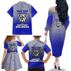 Personalized Canterbury-Bankstown Bulldogs Family Matching Off The Shoulder Long Sleeve Dress and Hawaiian Shirt Easter Mascot - Colorful Eggs Cartoon Style