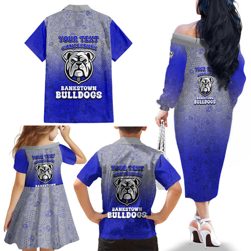 Personalized Canterbury-Bankstown Bulldogs Family Matching Off The Shoulder Long Sleeve Dress and Hawaiian Shirt Easter Mascot - Colorful Eggs Cartoon Style