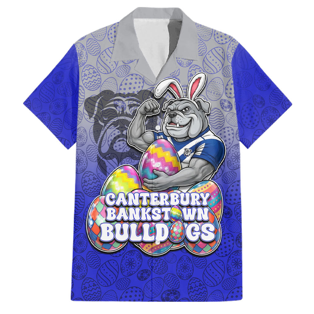Personalized Canterbury-Bankstown Bulldogs Family Matching Off The Shoulder Long Sleeve Dress and Hawaiian Shirt Easter Mascot - Colorful Eggs Cartoon Style
