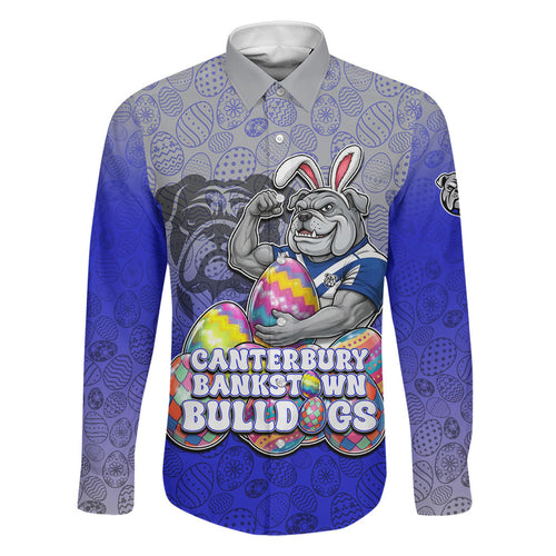 Personalized Canterbury-Bankstown Bulldogs Family Matching Off The Shoulder Long Sleeve Dress and Hawaiian Shirt Easter Mascot - Colorful Eggs Cartoon Style
