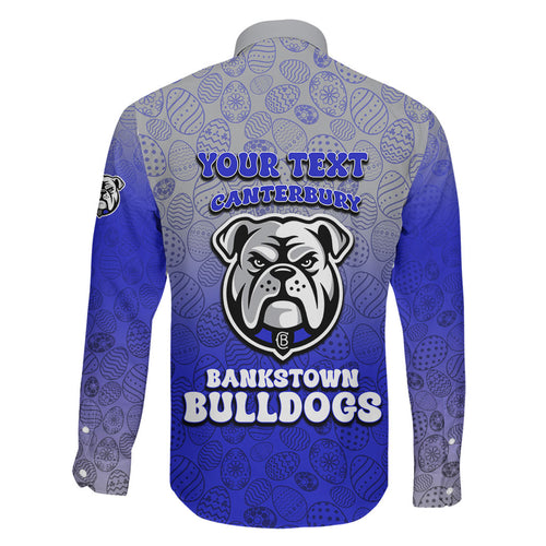 Personalized Canterbury-Bankstown Bulldogs Family Matching Off The Shoulder Long Sleeve Dress and Hawaiian Shirt Easter Mascot - Colorful Eggs Cartoon Style