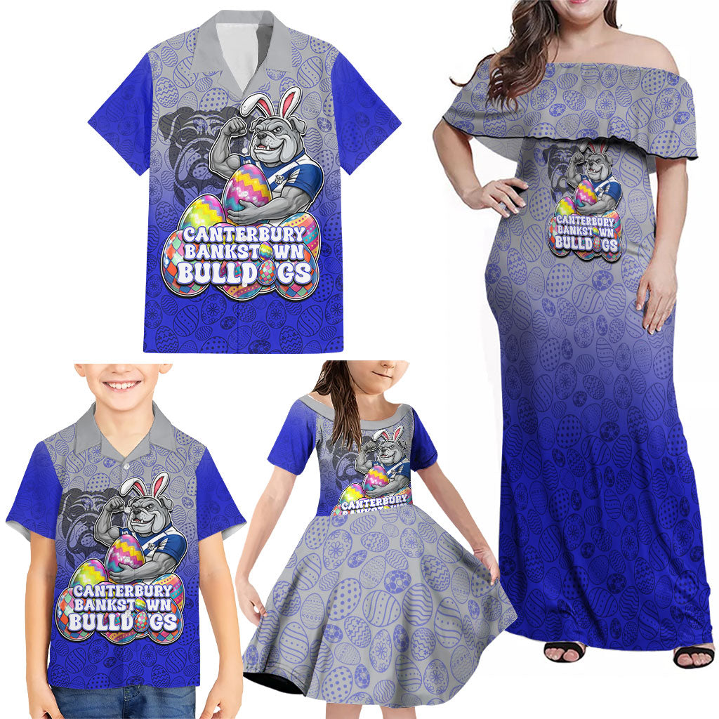 Personalized Canterbury-Bankstown Bulldogs Family Matching Off Shoulder Maxi Dress and Hawaiian Shirt Easter Mascot - Colorful Eggs Cartoon Style
