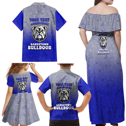 Personalized Canterbury-Bankstown Bulldogs Family Matching Off Shoulder Maxi Dress and Hawaiian Shirt Easter Mascot - Colorful Eggs Cartoon Style