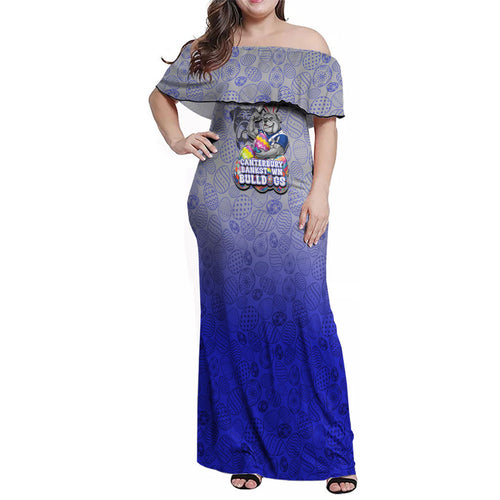 Personalized Canterbury-Bankstown Bulldogs Family Matching Off Shoulder Maxi Dress and Hawaiian Shirt Easter Mascot - Colorful Eggs Cartoon Style