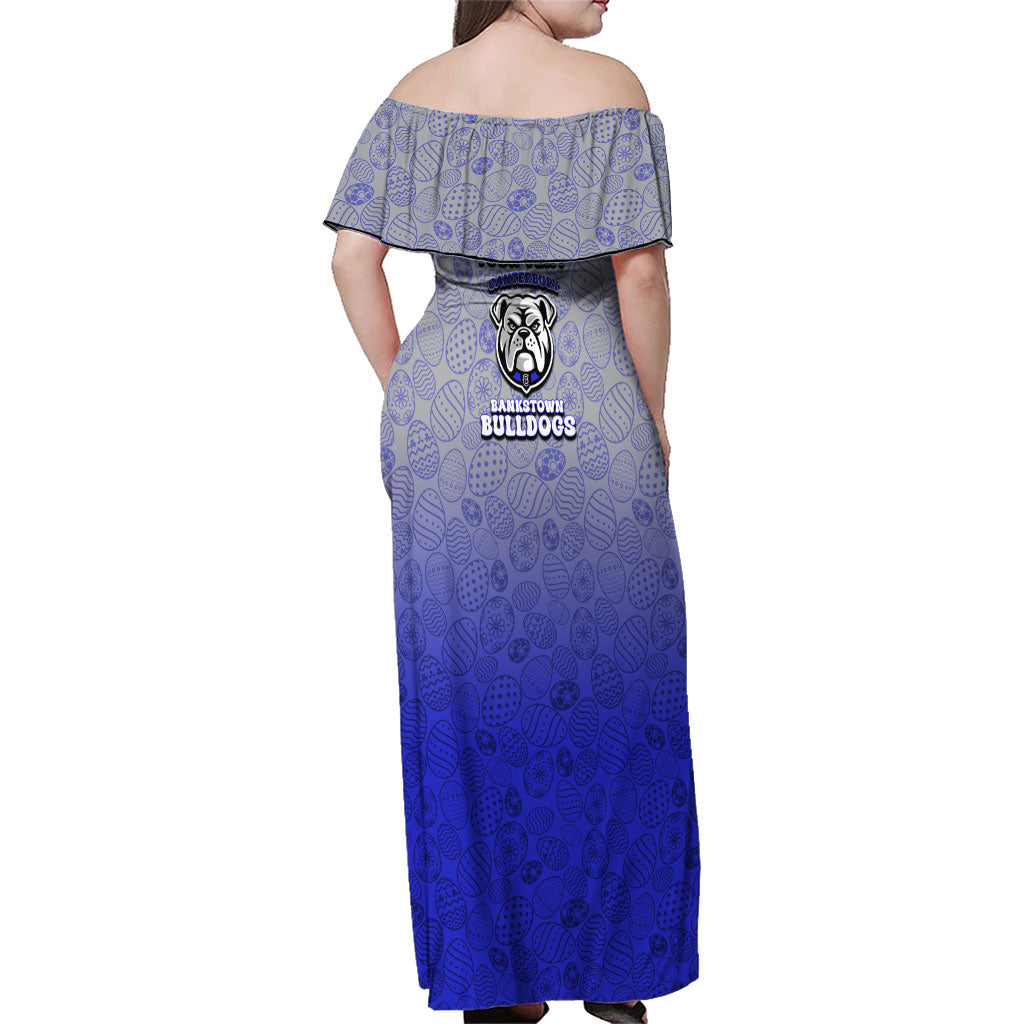 Personalized Canterbury-Bankstown Bulldogs Family Matching Off Shoulder Maxi Dress and Hawaiian Shirt Easter Mascot - Colorful Eggs Cartoon Style