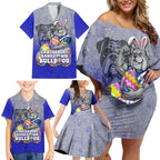 Personalized Canterbury-Bankstown Bulldogs Family Matching Off Shoulder Short Dress and Hawaiian Shirt Easter Mascot - Colorful Eggs Cartoon Style